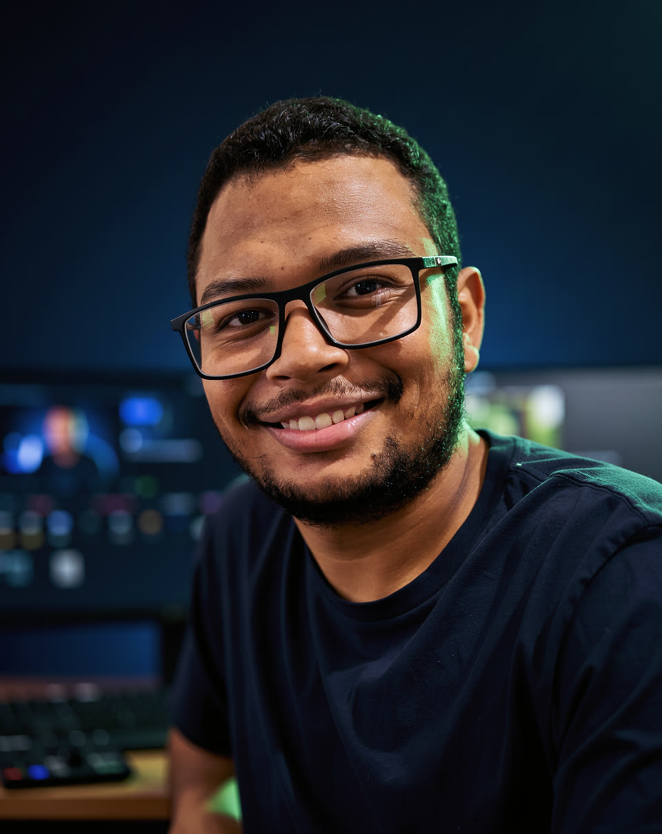 Artur Bruno sorrindo diante da ilha de edição
